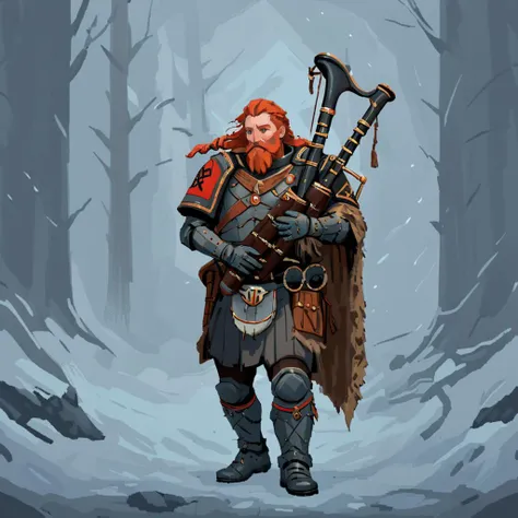 a spcwlf man, power armor, fur cloak, red hair, beard, braids, ((playing the bagpipes)), the bagpipes are adorned with symbols of valor and heritage, suggesting a deep connection to the warrior's lineage, The bagpipes resting on the knight's shoulder are a masterpiece of craftsmanship, embodying both the spirit of battle and the depth of tradition. The bagpipe's main body, or bag, is made from rich, dark leather, meticulously stitched and sealed to hold air perfectly. It's adorned with intricate silver threading that forms patterns of Celtic knots and warrior motifs, symbolizing strength and heritage. Emerging from the bag are three drones: one bass and two tenors, each crafted from polished ebony wood with silver mounts that gleam under the dawning light. The drones are capped with finely carved silver bells, which flare elegantly at the end, enhancing the bagpipe's majestic sound. The chanter, held deftly in the knight's hands, matches the drones with its ebony body and silver detailing, its delicate finger holes poised to play the haunting melody. A lavish silver mouthpiece connects the player to this ancient instrument, completing the ensemble that is as much a weapon of morale as it is a beacon of cultural identity. tartan sash, snow, ice, blizzard, battlefield, glory, charge,