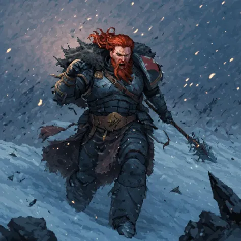 a spcwlf man with a sword in his hand, red hair, beard, braids, dramatic action pose, battlefield, snow, ice, explosions, fire