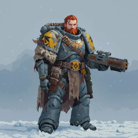 a spcwlf man, power armor, fur cloak, red hair, beard, braids, holding a bolter rifle, tartan sash, snow, ice, blizzard, battlefield, glory, charge,