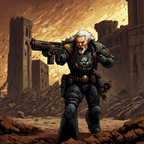 a spcwlf man aiming a bolt gun, with a wolf, white hair, beard, braids, dramatic action pose, battlefield, city, ruins, cathedral, explosions, fire