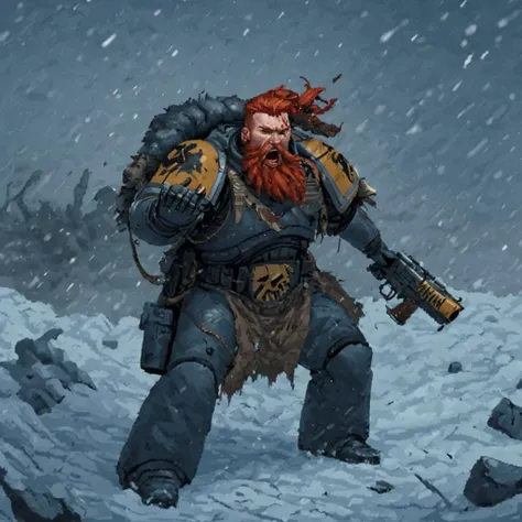 a spcwlf man with a bolter in his hand, red hair, beard, braids, dramatic action pose, battlefield, snow, ice, explosions, fire