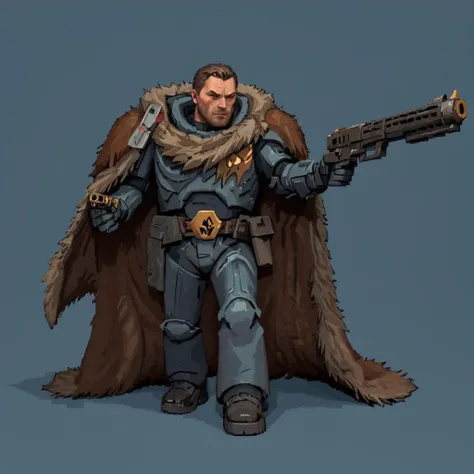 a spcwlf trmntr with a gun in his hand, fur cloak, with wolfskin,