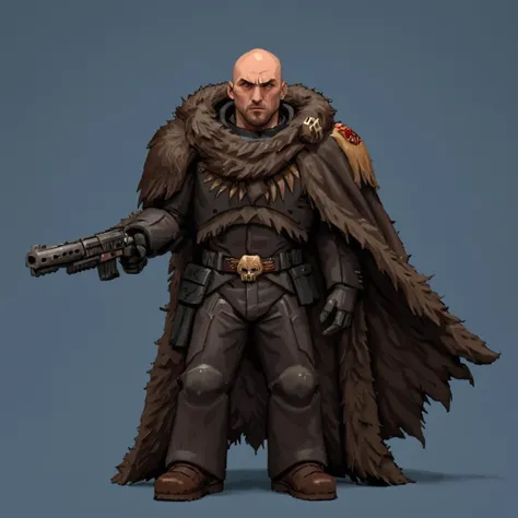 a spcwlf trmntr with a gun in his hand, fur cloak, with wolfskin,