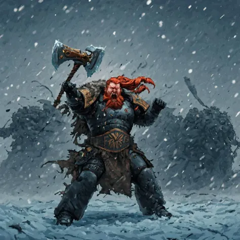 a spcwlf man swinging a hyge double_headed_axe over his head, red hair, beard, braids, dramatic action pose, battlefield, snow, ice, explosions, fire