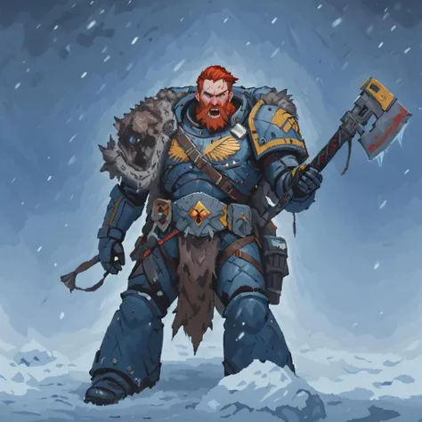 spcwlf men, power armor, fur cloak, red hair, beard, braids, mighty, gripping a power axe which glows with blue energy along the cutting edge, tartan sash, snow, ice, blizzard, battlefield, glory, charge,