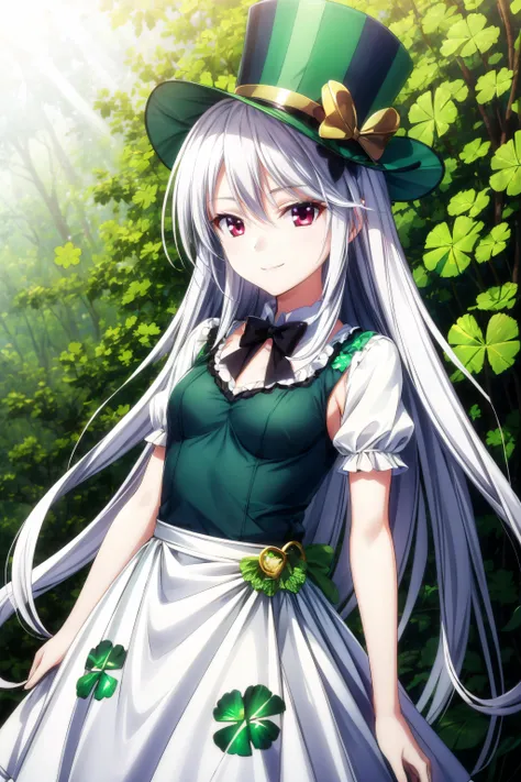 (masterpiece, best quality), <lora:kazuki kazami:0.7> kazuki kazami, red eyes, white hair, very long hair, <lora:edgShamrockv1:0.8> edgShamrock,green dress, clover print,  wearing edgShamrock, top hat, green stripes, light smile, 
<lora:add_detail:0.8>,