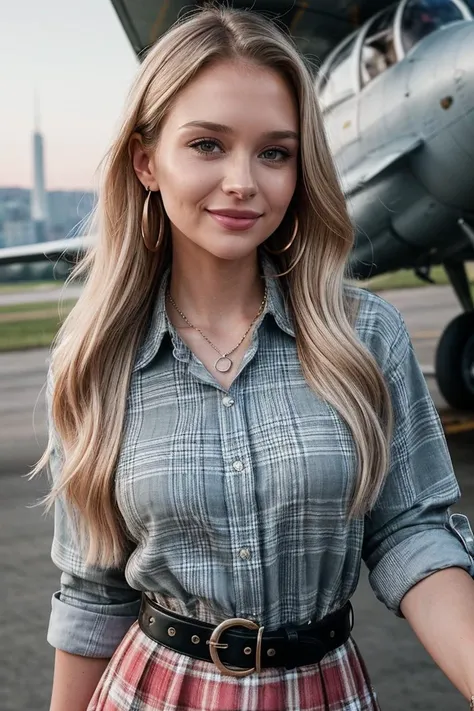photo of (EPB3b4h4n-380:0.99), a woman, perfect blonde hair, posing, (selfie photo, Oversized plaid collared shirt worn as a dress with a belted flared skirt and platform sneakers.), (Vintage aircraft flyover in background:1.2),(closeup portrait), necklace, dangling earrings, 24mm, (Instagram Smartphone Filters), (cinematic, film grain:1.3), ((brilliant colour, gradient)), ((detailed eyes)), smiling, (epicPhoto)