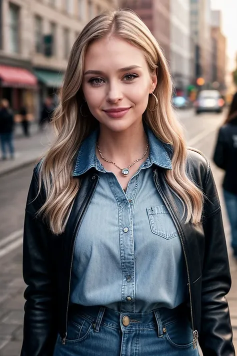 photo of (EPB3b4h4n-380:0.99), a woman, perfect blonde hair, posing, (selfie photo, Denim collared shirt half-tucked into a denim flared skirt, layered with a leather jacket and ankle boots.), (Street performance in background:1.2),(closeup portrait), necklace, stud earrings, 24mm, (Instagram Smartphone Filters), (cinematic, film grain:1.3), ((brilliant colour, gradient)), ((detailed eyes)), smiling, (epicPhoto)