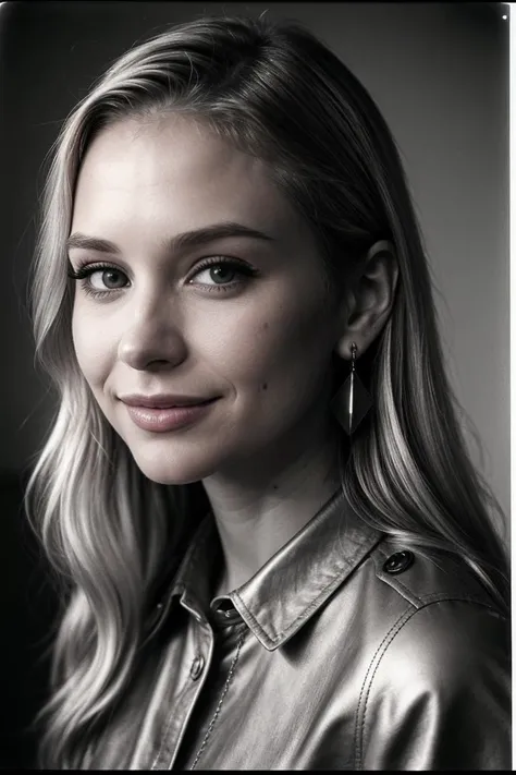 photo of (EPB3b4h4n-380:0.99), a woman, perfect blonde hair, posing, (vintage photo, Cropped collared shirt worn with a high-waisted leather flared skirt and statement ankle boots.), (mudslide in background),(closeup portrait), necklace, dangling earrings, 24mm, (tintype), (analog, cinematic, film grain:1.3), ((plain color, gradient)), ((detailed eyes)), smiling, (epicPhoto)