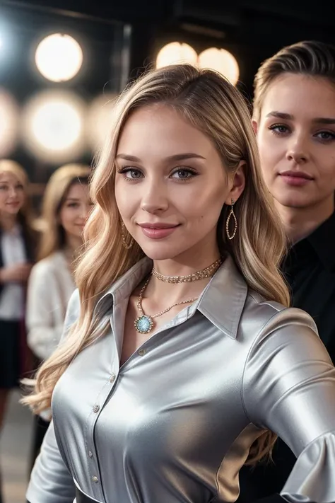 photo of (EPB3b4h4n-380:0.99), a woman, perfect blonde hair, posing, (selfie photo, Silk collared shirt worn with a metallic pleated flared skirt and statement heels.), (Surprise flash mob in background:1.2),(closeup portrait), necklace, piercing earrings, 24mm, (Instagram Smartphone Filters), (cinematic, film grain:1.3), ((brilliant colour, gradient)), ((detailed eyes)), smiling, (epicPhoto)