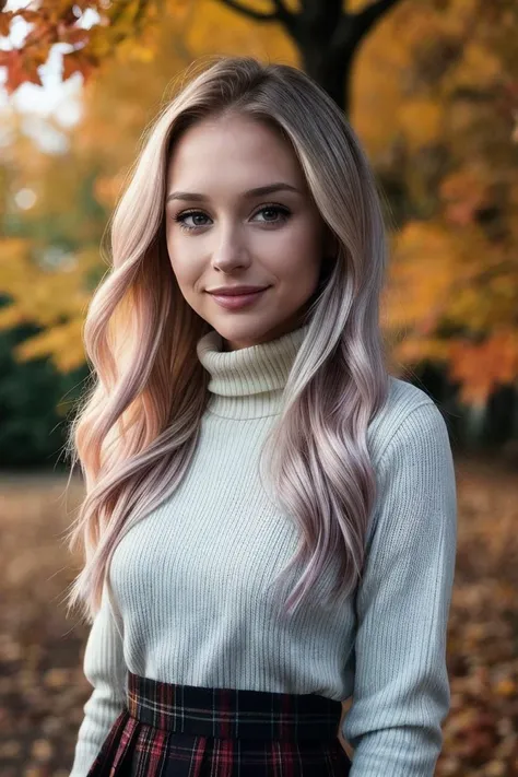 photo of (EPB3b4h4n-380:0.99), a woman, perfect blonde hair, from below, trees, autumn, leaves, evening, arm support, turtleneck, pleated plaid_skirt, smirk, (Instagram Smartphone Filters), (cinematic, film grain:1.3), ((brilliant colour, gradient)), ((detailed eyes)), smiling, (epicPhoto)