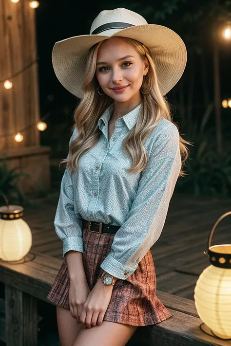 photo of (EPB3b4h4n-380:0.99), a woman, perfect blonde hair, posing, (selfie photo, Printed collared shirt tucked into a solid color flared skirt, styled with a wide-brimmed hat and ankle boots.), (Children releasing lanterns in background:1.2),(closeup portrait), necklace, stud earrings, 24mm, (Instagram Smartphone Filters), (cinematic, film grain:1.3), ((brilliant colour, gradient)), ((detailed eyes)), smiling, (epicPhoto)
