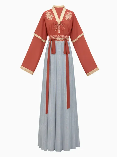 a Hanfu,red dress,blue top,bowtie on waist,large sleeves,golden pattern on dress,<lora:æ±æV1:0.6>
