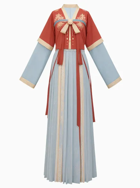 a Hanfu,red dress,blue top,bowtie on waist,large sleeves,golden pattern on dress,<lora:æ±æV1:0.6>