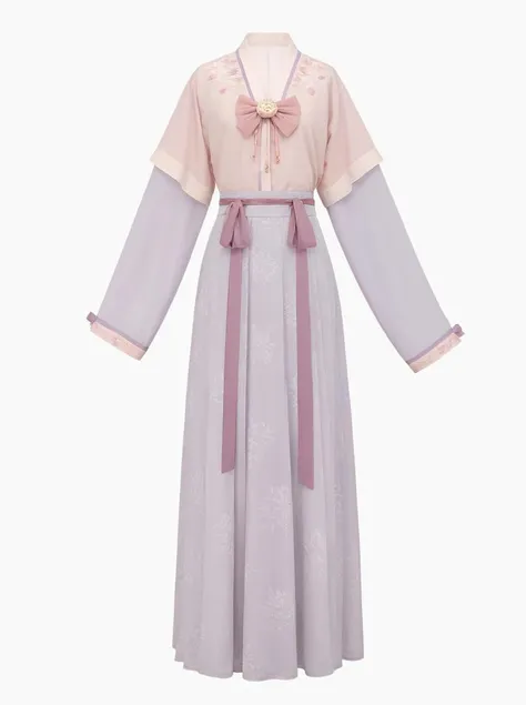 a Hanfu,purple dress,pink top,bowtie on waist,large sleeve,leaves pattern on dress,<lora:æ±æV1:0.6>