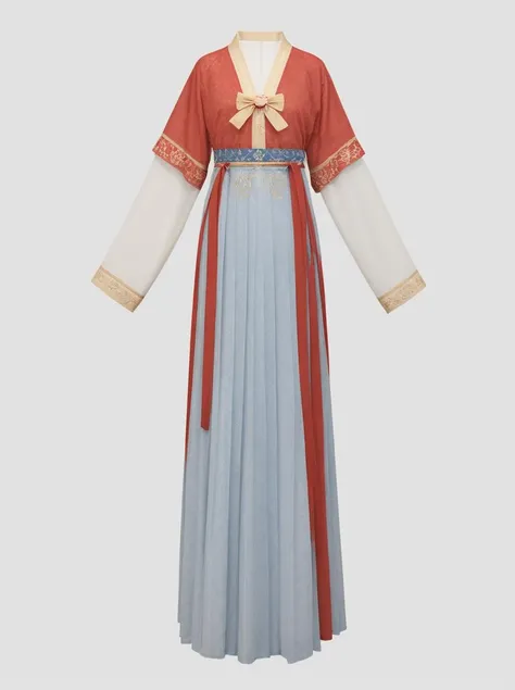 a Hanfu,red dress,blue top,bowtie on waist,large sleeves,golden pattern on dress,<lora:æ±æV1:0.6>