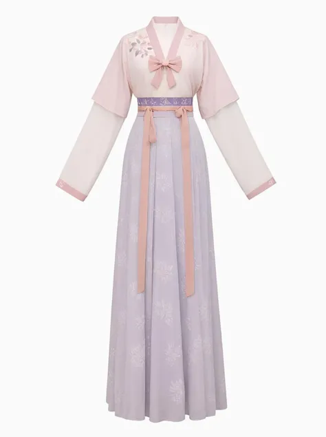 a Hanfu,purple dress,pink top,bowtie on waist,large sleeve,leaves pattern on dress,<lora:æ±æV1:0.6>