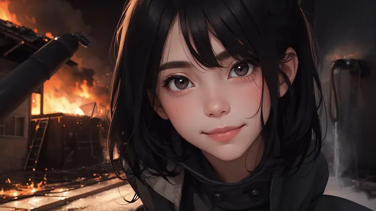 girl smiling, black eyes, looks mysteriously into the camera,burning house, fire hose, hydrant