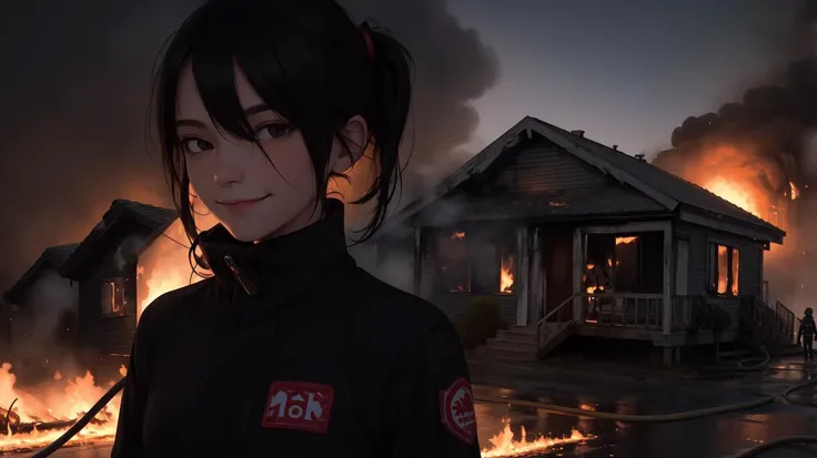 girl smiling, black eyes, looks mysteriously into the camera,burning house, fire hose, hydrant