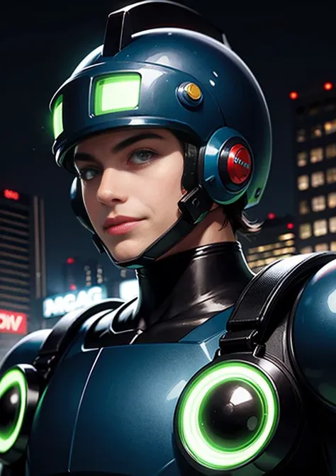 masterpiece, best quality, 1boy, megaman, black hair, closed mouth, closeup, green eyes, helmet, looking at viewer, male focus, smile, solo, cyberpunk city background, night, neon light <lora:Megaman:1>