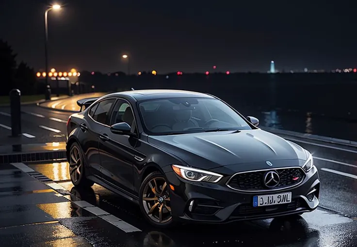 ultra realistic 8k cg, picture-perfect car, best quality, picture-perfect face, flawless, clean, masterpiece, professional artwork, famous artwork, exquisite details and textures, ultra high resolution, cinematic lighting, cinematic bloom, Night street, black car (View from behind the car), rain, downpour, thunderstorm, stars, Panorama of street, yellow street lights ., . <lora:zeekars:0.5> <lora:more_details:0.7>
