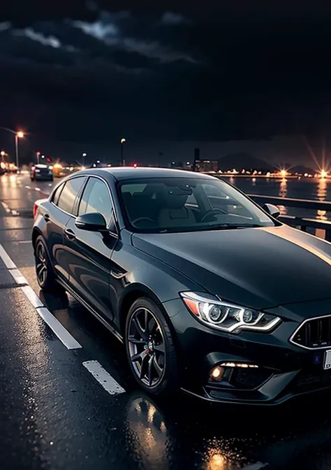 ultra realistic 8k cg, picture-perfect car, best quality, picture-perfect face, flawless, clean, masterpiece, professional artwork, famous artwork, exquisite details and textures, ultra high resolution, cinematic lighting, cinematic bloom, Night highway, black car (View from behind the car), rain, downpour, thunderstorm, stars, Panorama of a gloomy city, dark lights, dark style. <lora:zeekars:0.5> <lora:more_details:0.7>