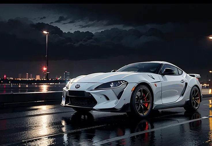 ultra realistic 8k cg, picture-perfect car, best quality, picture-perfect face, Toyota supra,flawless, clean, masterpiece, professional artwork, famous artwork, exquisite details and textures, ultra high resolution, cinematic lighting, cinematic bloom, Night highway, black car (View from behind the car), rain, downpour, thunderstorm, stars, Panorama of a gloomy city, dark lights, dark style.  <lora:zeekars:0.5> <lora:more_details:0.7>,Milky way