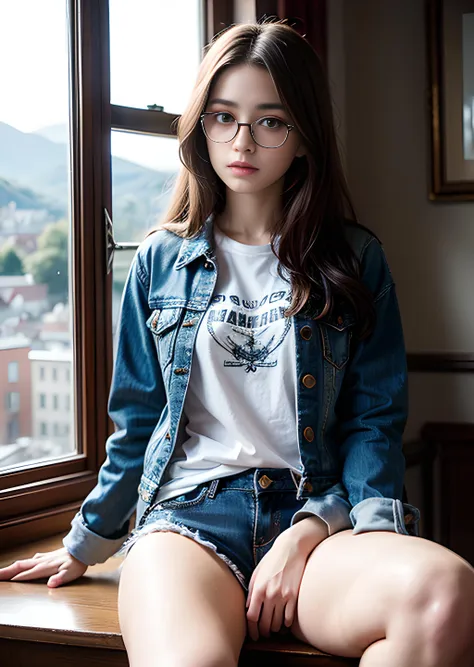 1girl, nsfw, intricate detail, 8k resolution, elegant caucasian 18yo girl, Leaning on a windowsill, looking out with a sense of longing or anticipation., long hair, detailed eyes, perfect hands, Casual: Ripped jeans, graphic tee, sneakers, and a denim jacket., Tickled expression, Round Glasses, Fairy Tale Castle amidst Rolling Hills <lora:add_detail:1>