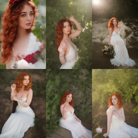 Photorealistic painting ((full body)) portrait of ((stunningly attractive)) redheaded woman, cleavage, ((perfect feminine face)), ((topless)), (+cascading locks of fiery red hair), (+delicate freckles), glitter, wearing a dress, intricate, 8k, highly detailed, volumetric lighting, digital painting, intense, sharp focus, art by Artgerm, Greg Rutkowski, and Alphonse Mucha, cgsociety