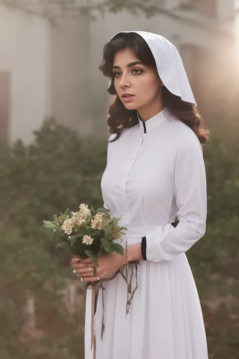 nun, photorealistic painting ((full body)) portrait of ((stunningly attractive)) (((ethnicity))) female in church, ((perfect feminine face)), ((beautiful breasts)), (+long wavy hair), intricate, 8k, highly detailed, volumetric lighting, digital painting, intense, sharp focus