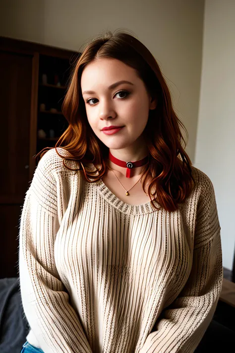 raw photo, (SDCD_Lora 18yo redhead curvy girl:1.2), makeup, rouge, neck lace choker, realistic skin texture, oversize knit jumper, red eyes, softcore, warm lighting, cosy atmosphere, Instagram style <SDCD_Lora-10:0.8>