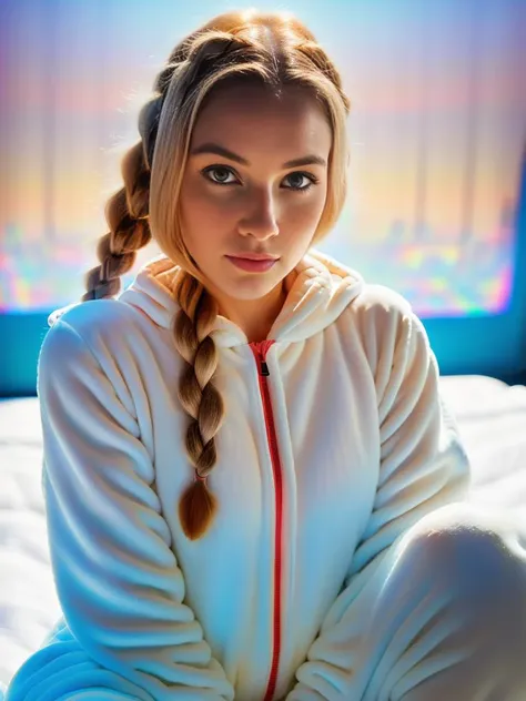 masterpiece, best quality, happy pale white woman, (medium shot:1.4) (large matching eyes), sitting on bed, (braided hairstyle), (oversized animal onesie:1.2), looking at viewer, digital painting, vibrant colors (film grain, smooth soft skin, ultra detailed face, 8k hdr, dslr:1.4) photorealistic,