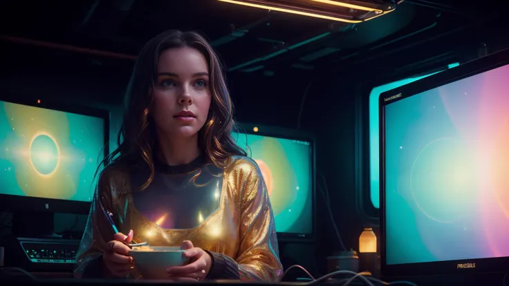 (in focus) girl at computer monitor, pristinely lit hands manipulating ethereal transparent retro computer displays, color graded like the film "Interstellar", warm-glow basement studio vibes ,<lora:WorldofOilslick:0.55> worldofoilslick ,emb_mcgoverneli ,pinkpunk-1000, subsurface scattering, ultra hd, 4k, high def, Photorealistic, Hyperrealistic, Hyper detailed, analog style, soft lighting, realistic, heavy shadow, masterpiece, best quality, ultra realistic, 8k, golden ratio, Intricate, High Detail, film photography,