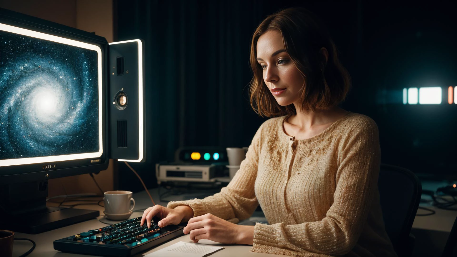 (in focus) woman at pristinely lit hands manipulating ethereal transparent retro computer displays, color graded like the film "Interstellar", warm-glow basement studio vibes, subsurface scattering, ultra hd, 4k, high def, Photorealistic, Hyperrealistic, Hyper detailed, analog style, soft lighting, realistic, heavy shadow, masterpiece, best quality, ultra realistic, 8k, golden ratio, Intricate, High Detail, film photography,