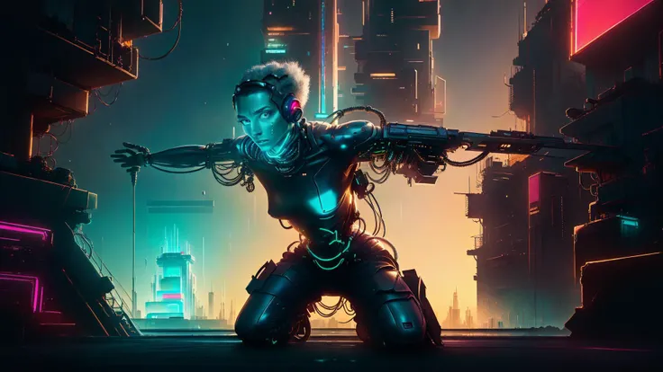 an awarded photo of 1 man cyborg , alabaster metalic white skin with big green eyes with mechanic iris and reed scars on face and torso, bare torso and neon blue cyber hairstyle, scene in Cyberpunk skyscraper roof with big antena and small cyber display, he is a netrunner, hacker, he use personal link to connect to this device, kneeling, dynamic pose,perfect quality masterpiece, ultradetailed, ultrasharp, best quality, photorealistic, cinematic lights, full body shot, realistic photography, analog photography, looks like real, boekh, deep of field, <lora:rMadArt3_NoiseOffset:1> <lora:CyberPunkAI:1> landscape of the city from high ground with detailed character
