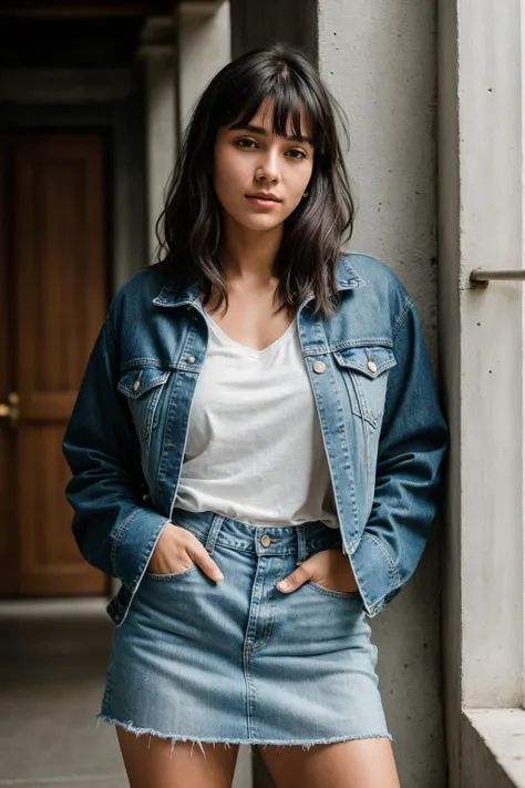 A Woman Leaning on one leg pose, Slim body, Denim skirt, Denim Jacket, Wispy bangs, gray hair, RAW photo, (high detailed skin:1.2), 8k UHD, DSLR, soft lighting, high quality, film grain, Fujifilm XT3, Photorealistic, Hyperrealistic, Hyperdetailed, analog style, soft lighting, subsurface scattering, realistic, heavy shadow, masterpiece, best quality, ultra realistic, 8k, golden ratio, Intricate, High Detail, film photography, soft focus