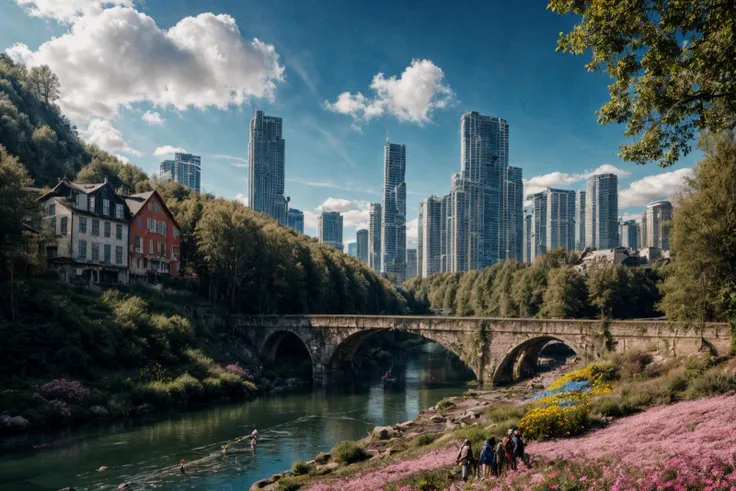 (RAW photo, 8k uhd, Analog style, Masterpiece, Best Quality, Highres:1.4), (dramatic, cinematic:1.2), BREAK,
shot of colorful hyperdetailed fantastic fantasy mysterious magic landscape, above clouds, (medieval elven fantasy (village:1.35), (steampunk:1.05) (peasant:1.15) (robots:1.1) (crowd:1.35), playing (little steampunk (girl:1.25):1.1), (farm:1.31), (lake, (river:1.14):1.15), (bridges:1.4), (waterfalls:1.35), (boat:1.4), (dock:1.1), (cliff:1.35), road, (green:1.05) valley, (flowers:1.2), (maple trees:0.65), (green:1.05) (fields:1.3), (fences:1.3), (snowy:1.17) (pines:1.1), (pink:1.0) (flowering tree:1.12):1.22), BREAK,
((mountains:1.22), (futuristic:1.15) (overgrown:1.27) (skyscrapers:1.53) (ruins:1.35), (market, water wheel, castle:1.14), (colorful houses:1.2), birds, stairs, spaceport, ((bright morning sun daylight:1.05) rainbow pure (blue:1.05) sky, glowing:1.05), starry, crescent, meteor, ((fluffy cloud:1.2), godrays, light particles:1.05), various seasons, steam, smokes:1.2), BREAK,
(photorealistic:1.2), (intricate:1.3), (light theme:1.3), (inspiring joyful atmosphere:1.2), (fabulous, fantasy, mysterious, science fiction, post-apocalypse, incredible, amazing, happy, sunny, pastoral:1.2), (hyperdetailed, absurdres:1.2), (colorful, saturated:1.4), colorful lighting, BREAK,
<lora:more_details:1>,