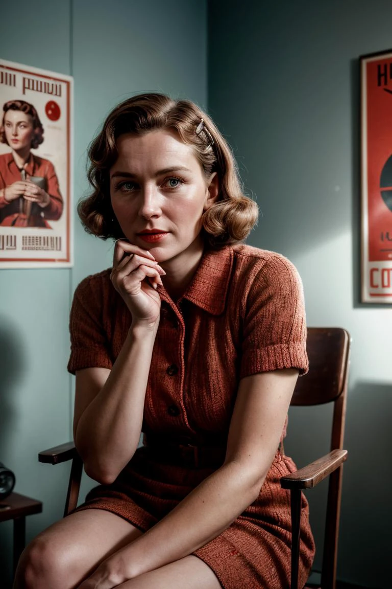 1950s Soviet village girl sitting in a chair in front of a soviet radio in the communal apartment, ((soviet propaganda posters on wall)), sad, 8K, ultra realistic, details anatomy, cinematic lighting, photographic, Eastman Kodak Color Negative film 5251 50T shot on panavision super <lora:add_detail:0.7>, subsurface scattering, ultra hd, 4k, high def, Photorealistic, Hyperrealistic, Hyper detailed, analog style, realistic, masterpiece, best quality, ultra realistic, 8k, Intricate, High Detail, film photography, soft lighting, heavy shadow