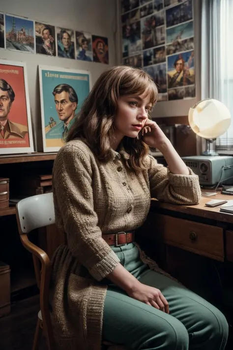 1970s Soviet village girl sitting in a chair in front of a soviet computer in the communal apartment, ((soviet propaganda posters on wall)), sad, 8K, ultra realistic, details anatomy, cinematic lighting, photographic, Eastman Kodak Color Negative film 5251 50T shot on panavision super  <lora:add_detail:0.7>, subsurface scattering, ultra hd, 4k, high def, Photorealistic, Hyperrealistic, Hyper detailed, analog style, realistic, masterpiece, best quality, ultra realistic, 8k, Intricate, High Detail, film photography, soft lighting,  heavy shadow