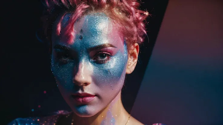 Produce a surreal image of a person merging with a virtual world, using a neon color palette of pinks and blues <lora:glitt3rSD15:0.7> glitt3r, subsurface scattering, ultra hd, 4k, high def, Photorealistic, Hyperrealistic, Hyper detailed, analog style, soft lighting, realistic, heavy shadow, masterpiece, best quality, ultra realistic, 8k, golden ratio, Intricate, High Detail, film photography,