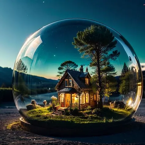 mini house, landscape, old fashion, nature, night light, a bubble, in the bubble, high detailed, masterpiece, best quality, <lora:Bubble_Sora:0.4>, (masterpiece,best quality:1.5)