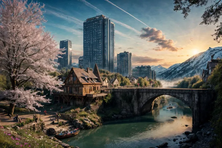 (RAW photo, 8k uhd, Analog style, Masterpiece, Best Quality, Highres:1.4), (dramatic, cinematic:1.2), BREAK,
shot of colorful hyperdetailed fantastic fantasy mysterious magic landscape, above clouds, (medieval elven fantasy (village:1.35), (steampunk:1.05) (peasant:1.15) (robots:1.1) (crowd:1.35), playing (little steampunk (girl:1.25):1.1), (farm:1.31), (lake, (river:1.14):1.15), (bridges:1.4), (waterfalls:1.35), (boat:1.4), (dock:1.1), (cliff:1.35), road, (green:1.05) valley, (flowers:1.2), (maple trees:0.65), (green:1.05) (fields:1.3), (fences:1.3), (snowy:1.17) (pines:1.1), (pink:1.0) (flowering tree:1.12):1.22), BREAK,
((mountains:1.22), (futuristic:1.15) (overgrown:1.27) (skyscrapers:1.53) (ruins:1.35), (market, water wheel, castle:1.14), (colorful houses:1.2), birds, stairs, spaceport, ((bright morning sun daylight:1.05) rainbow pure (blue:1.05) sky, glowing:1.05), starry, crescent, meteor, ((fluffy cloud:1.2), godrays, light particles:1.05), various seasons, steam, smokes:1.2), BREAK,
(photorealistic:1.2), (intricate:1.3), (light theme:1.3), (inspiring joyful atmosphere:1.2), (fabulous, fantasy, mysterious, science fiction, post-apocalypse, incredible, amazing, happy, sunny, pastoral:1.2), (hyperdetailed, absurdres:1.2), (colorful, saturated:1.4), colorful lighting, BREAK,
<lora:more_details:1>,