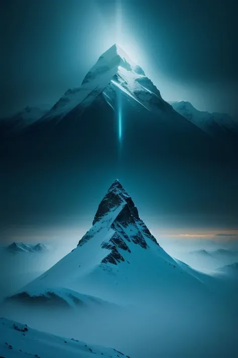 Masterpiece, art by Anton Fadeev  A majestic snow capped mountain landscape painting with dramatic lighting , realistic, perfect quality , intricated details, detailed background, cinematic lights,
