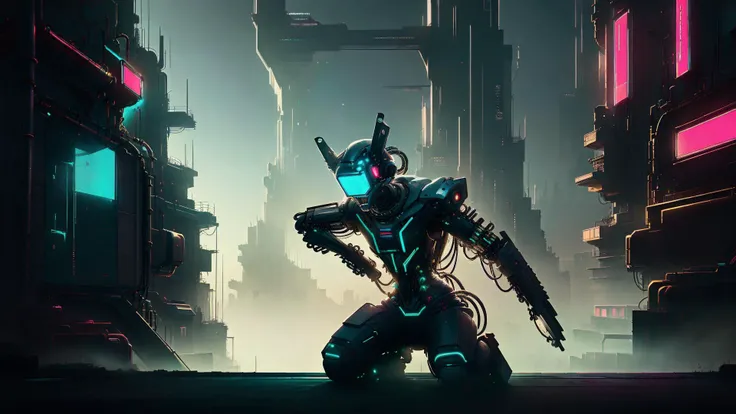 an awarded photo of 1 man cyborg , alabaster metalic white skin with big green eyes with mechanic iris and reed scars on face and torso, bare torso and neon blue cyber hairstyle, scene in Cyberpunk skyscraper roof with big antena and small cyber display, he is a netrunner, hacker, he use personal link to connect to this device, kneeling, dynamic pose,perfect quality masterpiece, ultradetailed, ultrasharp, best quality, photorealistic, cinematic lights, full body shot, realistic photography, analog photography, looks like real, boekh, deep of field, <lora:rMadArt3_NoiseOffset:1> <lora:CyberPunkAI:1> landscape of the city from high ground with detailed character