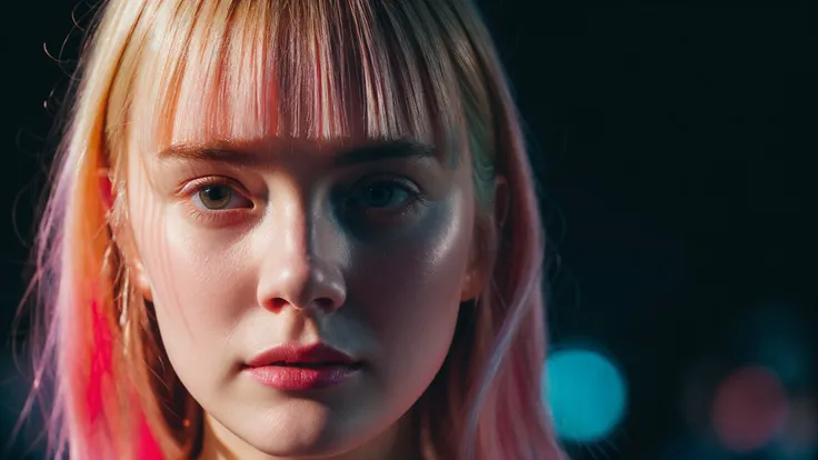 Produce a surreal image of a person merging with a virtual world, using a neon color palette of pinks and blues ElleFanning4, subsurface scattering, ultra hd, 4k, high def, Photorealistic, Hyperrealistic, Hyper detailed, analog style, soft lighting, realistic, heavy shadow, masterpiece, best quality, ultra realistic, 8k, golden ratio, Intricate, High Detail, film photography,