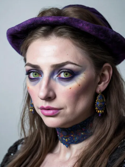 Raw photo of  (((Huldra))) + witch + ugly + old, extremely detailed face eyes lips, highly realistic, masterpiece, absurdres, intricate, highly detailed,portrait, entirely covered in blue and magenta paint, in a photograph studio, helmut Newton style , high quality photography, 3 point lighting, flash with softbox, 16k, Leica M6, Ektachrome 64, smooth, sharp focus, high resolution, award winning photo, 50mm, f2.8, depth of field, (face:Long Face, Upturned Eyes, [eye color green], long nose, protruding lower lip, lower cheekbones, long chin),