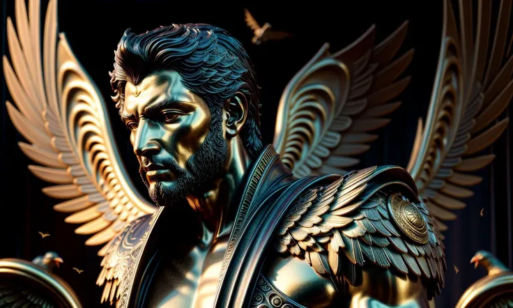 masterpiece, best quality, epic realistic, (black_marble) (god_statue), crown on head, (black wing:1.3), intricate detail, intricate pattern, golden dust, floating (golden cloth), detailed texture, broken glass, god light, ((crow)), ((golden birds fly)), golden rose, golden leaf, motion blur, depth of field, holographic, rome, <lora:more_details:1> trending on artstation, wlop, boris vallejo, david kassan, Breathtaking, 8k resolution, extremely detailed, beautiful, establishing shot, artistic, hyperrealistic, octane render, cinematic lighting, dramatic lighting, masterpiece, light brazen, extremely detailed and beautiful face