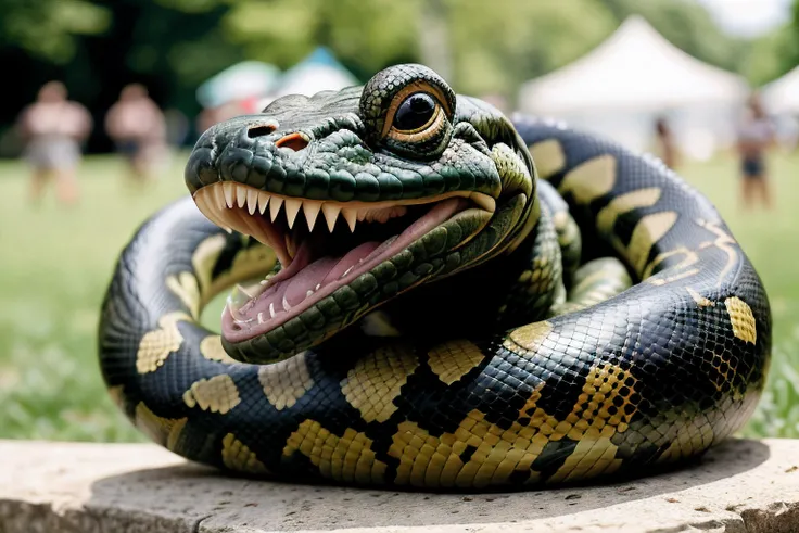 Hyperrealistic art of highly realistic, masterpiece, absurdres, intricate, highly detailed, a giant anaconda snake with long sharp teeth and a giant body bulge, porsche boxter, background Bronx Park Pavilions, the picnickers enjoying the sunshine and the memories made in these cherished , jocking ???, high quality photography, 3 point lighting, flash with softbox, 16k, Leica M6, Ektachrome 64, smooth, sharp focus, high resolution, award winning photo, 50mm, f2.8, depth of field, Extremely high-resolution details, photographic, realism pushed to extreme, fine texture, incredibly lifelike