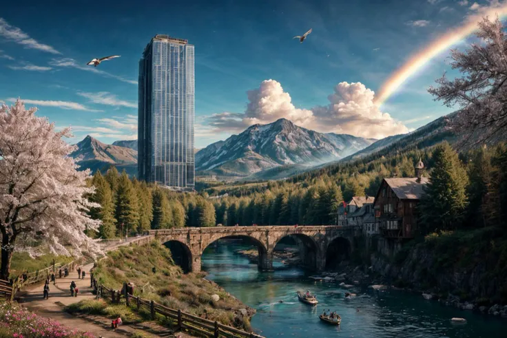 (RAW photo, 8k uhd, Analog style, Masterpiece, Best Quality, Highres:1.4), (dramatic, cinematic:1.2), BREAK,
shot of colorful hyperdetailed fantastic fantasy mysterious magic landscape, above clouds, (medieval elven fantasy (village:1.35), (steampunk:1.05) (peasant:1.15) (robots:1.1) (crowd:1.35), playing (little steampunk (girl:1.25):1.1), (farm:1.31), (lake, (river:1.14):1.15), (bridges:1.4), (waterfalls:1.35), (boat:1.4), (dock:1.1), (cliff:1.35), road, (green:1.05) valley, (flowers:1.2), (maple trees:0.65), (green:1.05) (fields:1.3), (fences:1.3), (snowy:1.17) (pines:1.1), (pink:1.0) (flowering tree:1.12):1.22), BREAK,
((mountains:1.22), (futuristic:1.15) (overgrown:1.27) (skyscrapers:1.53) (ruins:1.35), (market, water wheel, castle:1.14), (colorful houses:1.2), birds, stairs, spaceport, ((bright morning sun daylight:1.05) rainbow pure (blue:1.05) sky, glowing:1.05), starry, crescent, meteor, ((fluffy cloud:1.2), godrays, light particles:1.05), various seasons, steam, smokes:1.2), BREAK,
(photorealistic:1.2), (intricate:1.3), (light theme:1.3), (inspiring joyful atmosphere:1.2), (fabulous, fantasy, mysterious, science fiction, post-apocalypse, incredible, amazing, happy, sunny, pastoral:1.2), (hyperdetailed, absurdres:1.2), (colorful, saturated:1.4), colorful lighting, BREAK,
<lora:more_details:1>,