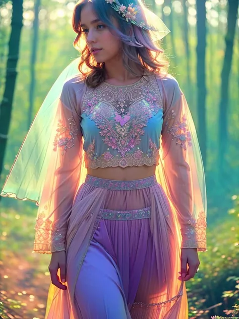 (masterpiece:1.4, best quality), medium breasts, (intricate details), unity 8k wallpaper, ultra detailed, (pastel colors:1.3), beautiful and aesthetic, see-through (clothes), detailed, solo <lora:epi_noiseoffset2:1.3> in a forest, <lora:jellyfish-noise:1>